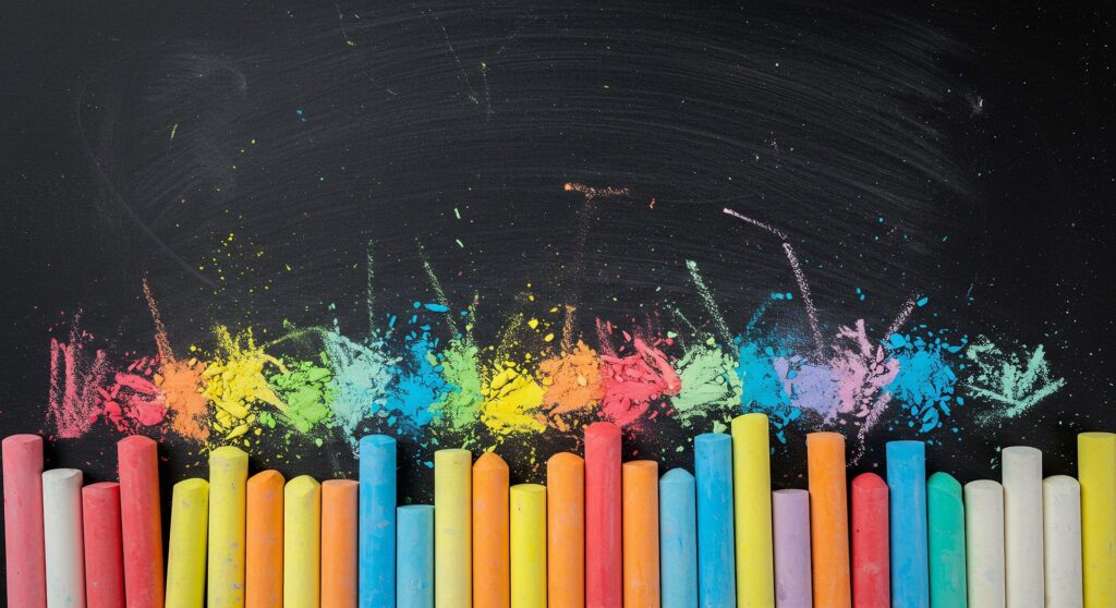 Paus de giz coloridos, simbolizando a sala de aula e o crescimento de cada aluno ao ganhar coragem para apresentar.